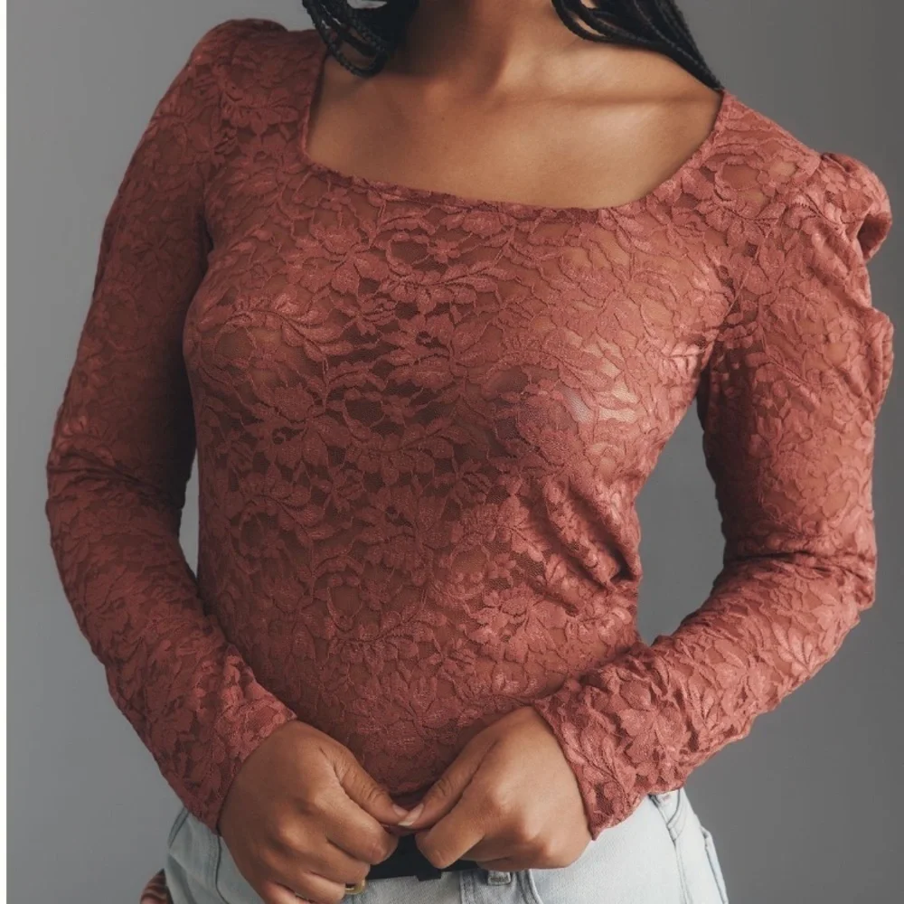 Anthropologie Effortless Regency Puff-Sleeve Sheer Long Sleeve Lace Top Size XS - Picture 8 of 11